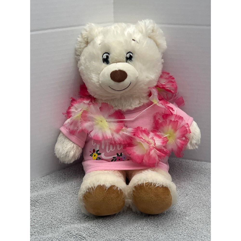 Build-A-Bear Workshop White Teddy Bear Happy Mother's Day Pink Shirt Floral Lei